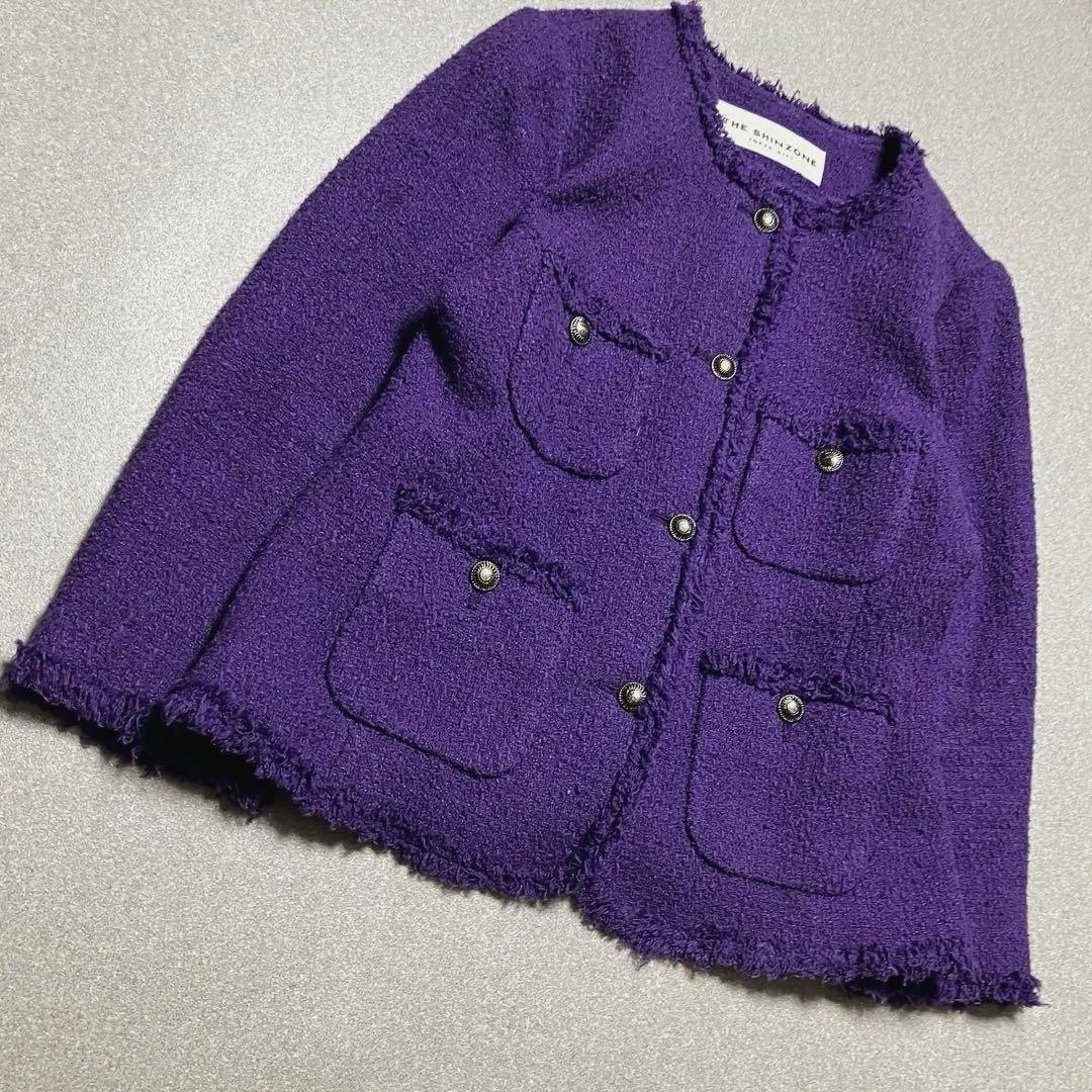 THE SHINZONEシルクツイード ノーカラージャケット ザシンゾーン 紫