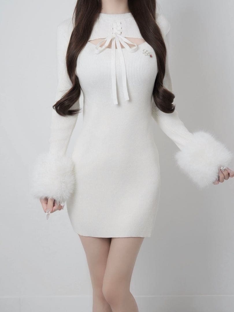 ワンピース lumignon Fur cuff ribbon knit onepiece