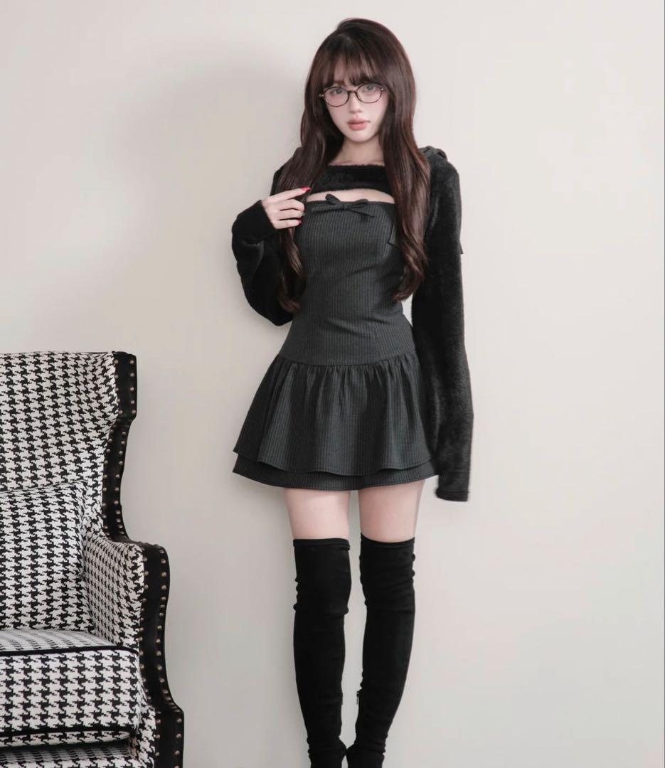 BunnyLis ふわもこボレロ×ストライプミニワンピセット ブラック S