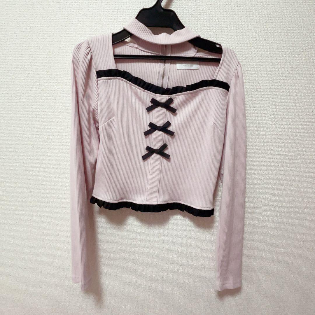 pium ピウム フロントリボンチョーカーカットソー ピンク　トップス