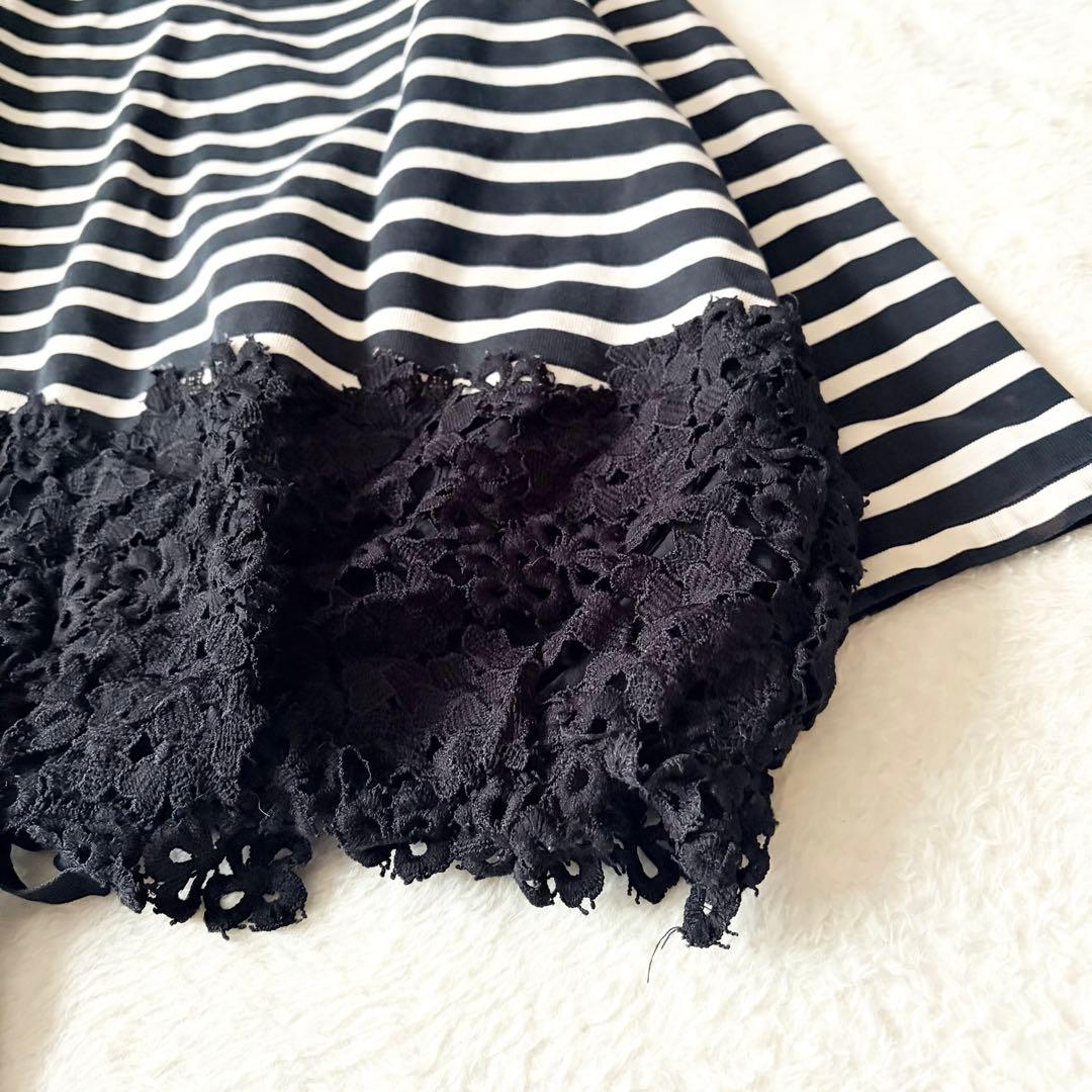 6088 【美品】 ビアズリー 裾レースカットソー ボーダー 調節リボン付き