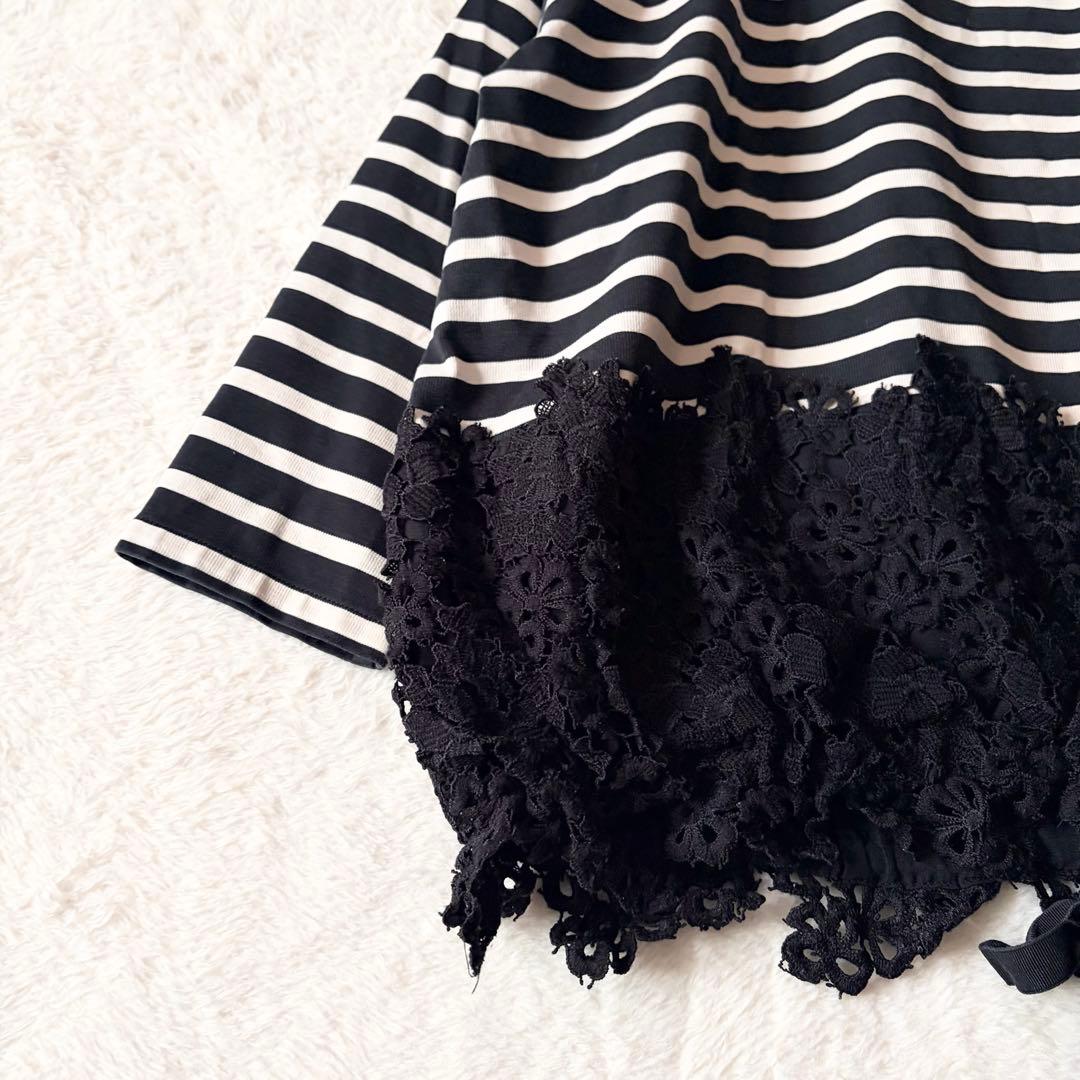 6088 【美品】 ビアズリー 裾レースカットソー ボーダー 調節リボン付き