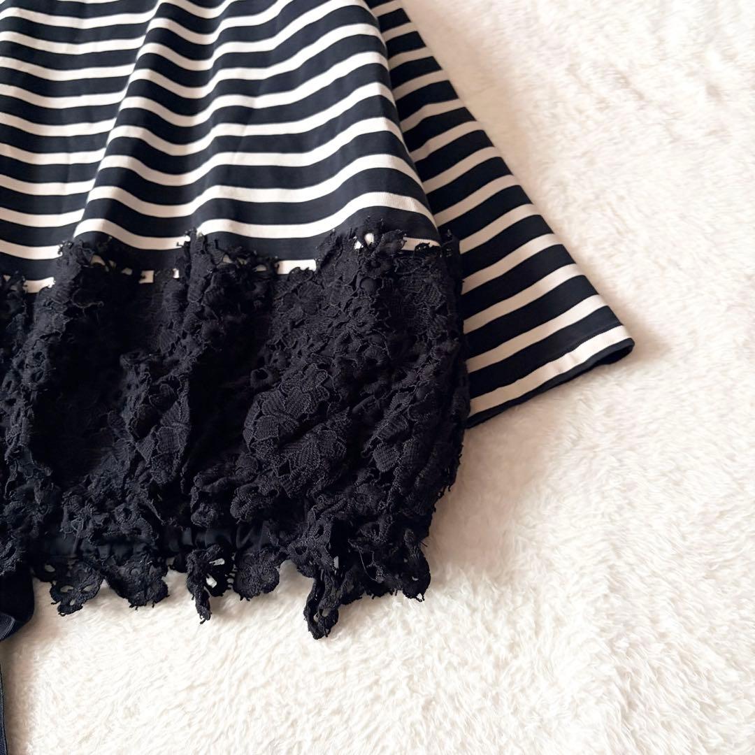 6088 【美品】 ビアズリー 裾レースカットソー ボーダー 調節リボン付き