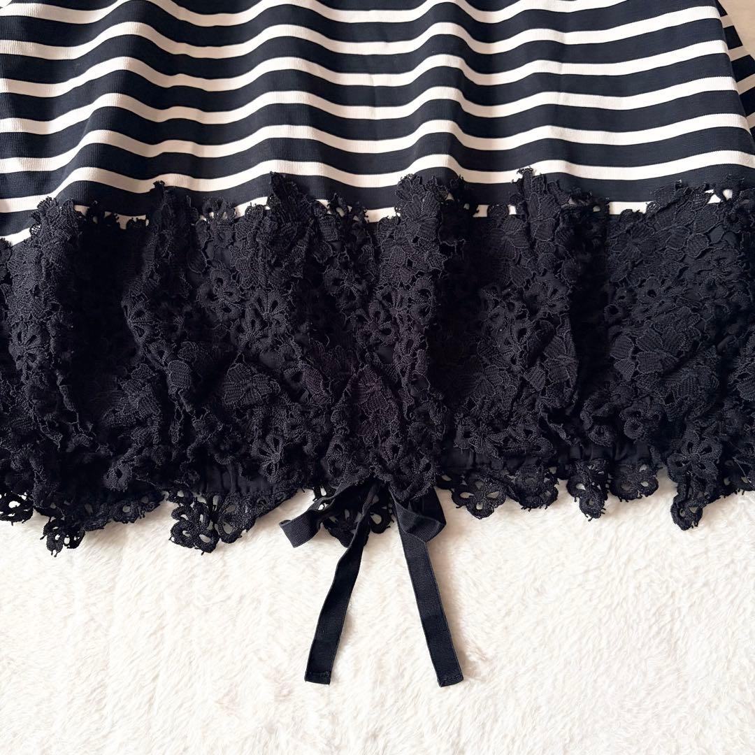 6088 【美品】 ビアズリー 裾レースカットソー ボーダー 調節リボン付き