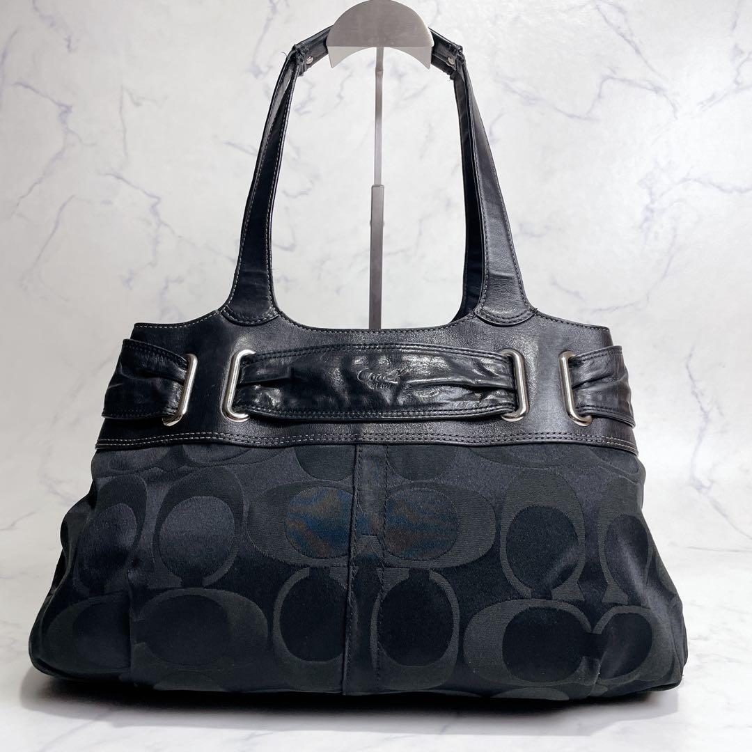 COACH ハンドバッグ シグネチャー キャンバス レザー ショルダー ブラック