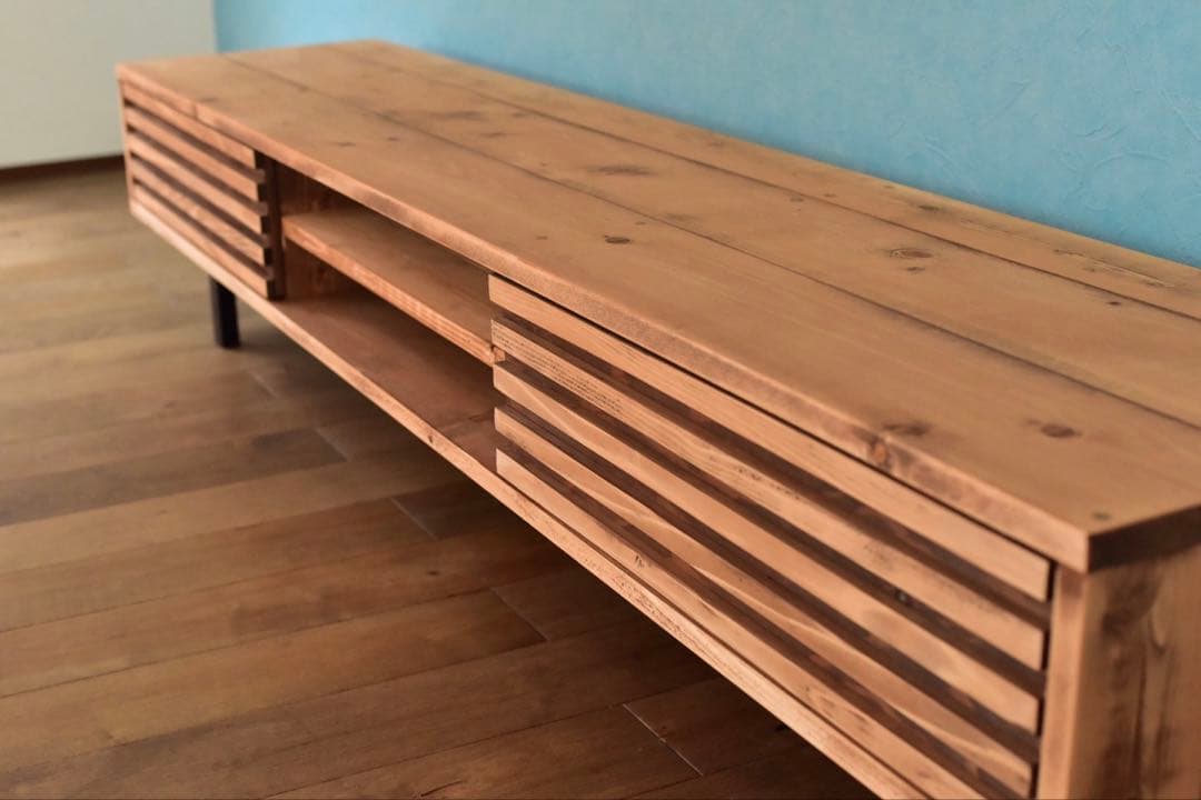 無垢】テレビボード　180㎝　サイド格子　ミディアムブラウン　　鉄脚