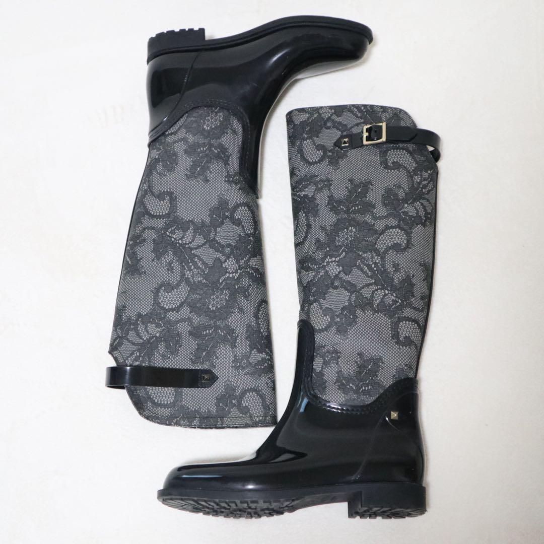 ヴァレンティノ レインブーツ 長靴 レース 刺繍 スタッズ ベルト ロング 38
