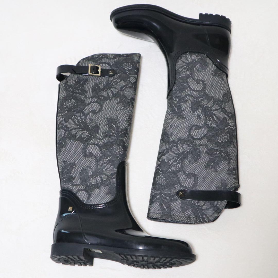 ヴァレンティノ レインブーツ 長靴 レース 刺繍 スタッズ ベルト ロング 38