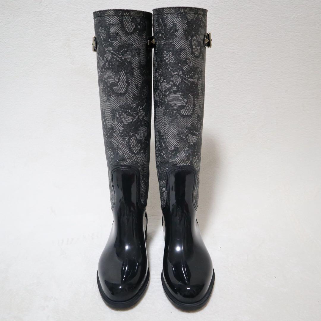 ヴァレンティノ レインブーツ 長靴 レース 刺繍 スタッズ ベルト ロング 38