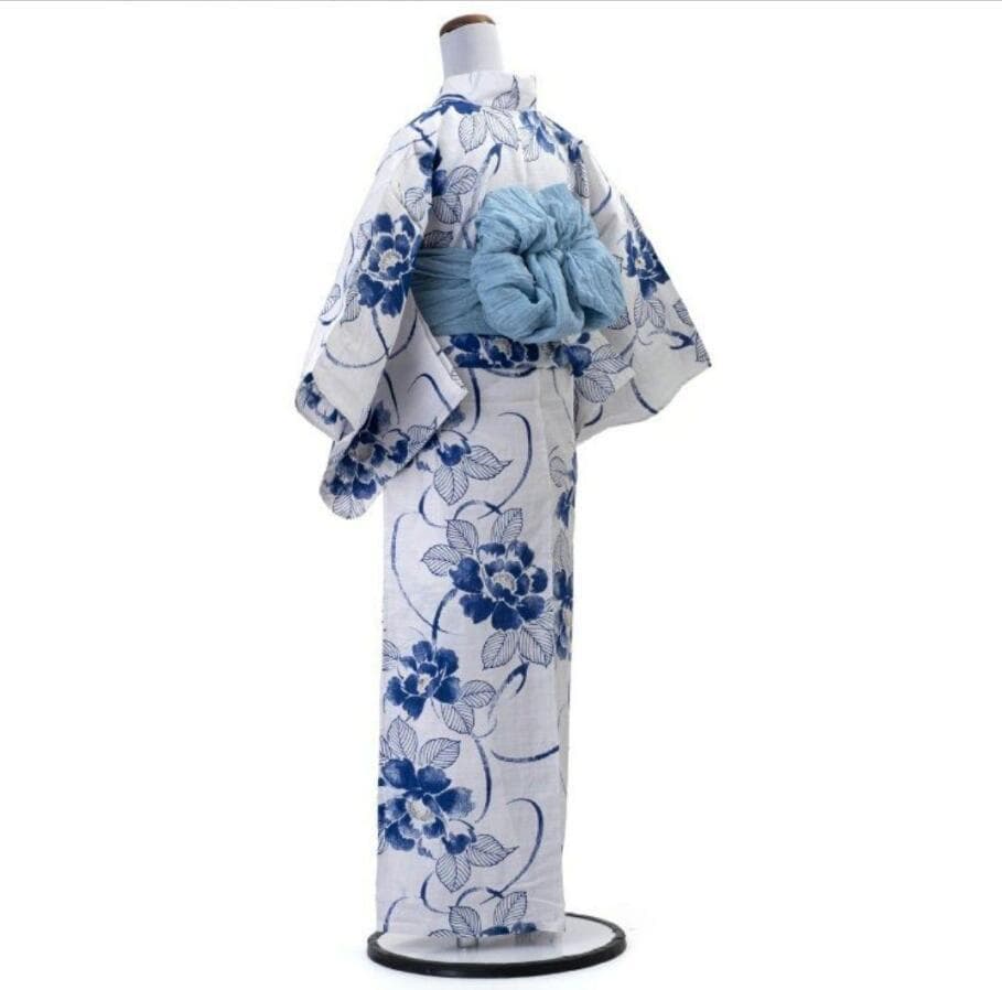 お任せ下駄+お任せ青系半幅帯お任せ帯締めつき◆墨描き鉄線花浴衣◆新