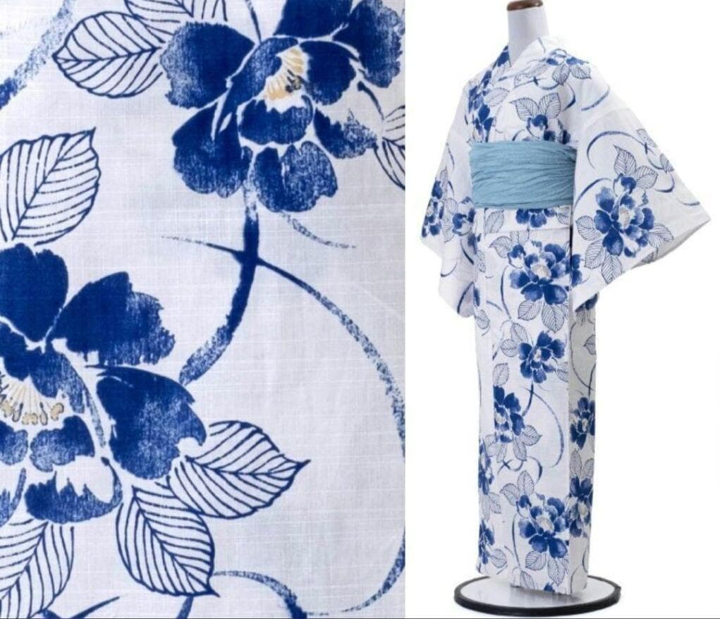 お任せ下駄+お任せ青系半幅帯お任せ帯締めつき◆墨描き鉄線花浴衣◆新