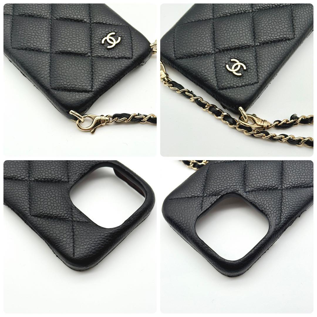 CHANEL キャビアスキン iPhone 15 Pro ケース レザーチェーン
