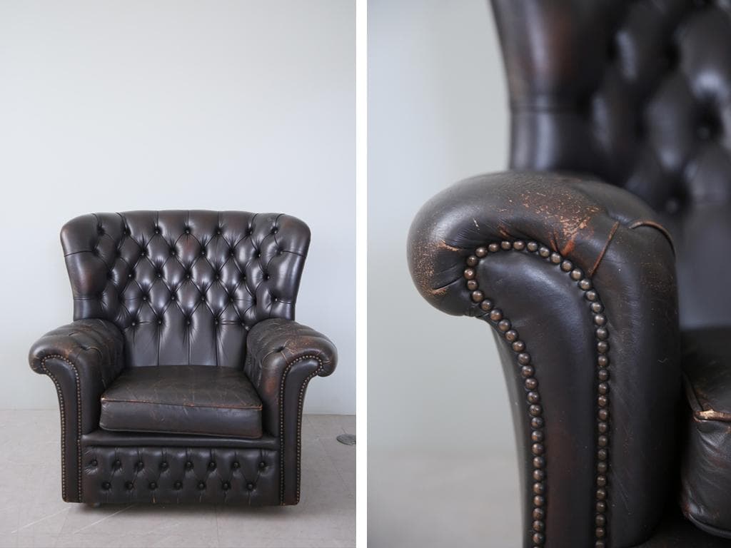 英国アンティークチェスターフィールドアームチェア/本革レザーソファー89-186