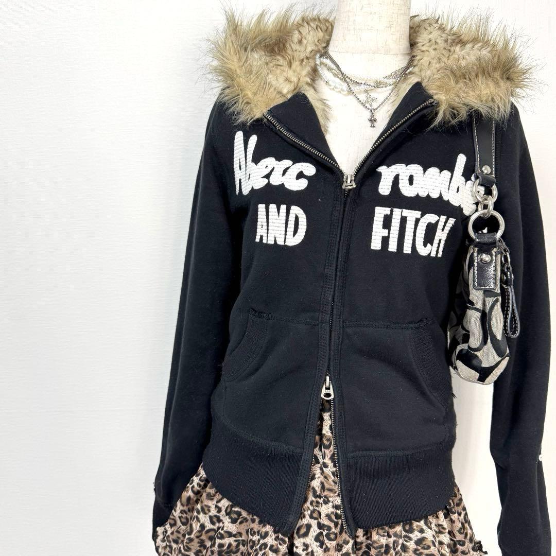 y2k❤️ Abercrombie＆Fitch ロゴ 刺繍 ファー ジップパーカー