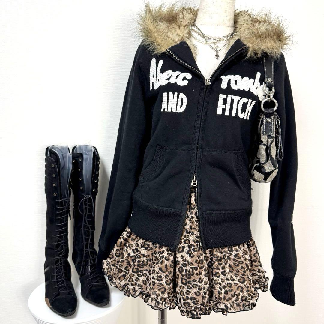 y2k❤️ Abercrombie＆Fitch ロゴ 刺繍 ファー ジップパーカー