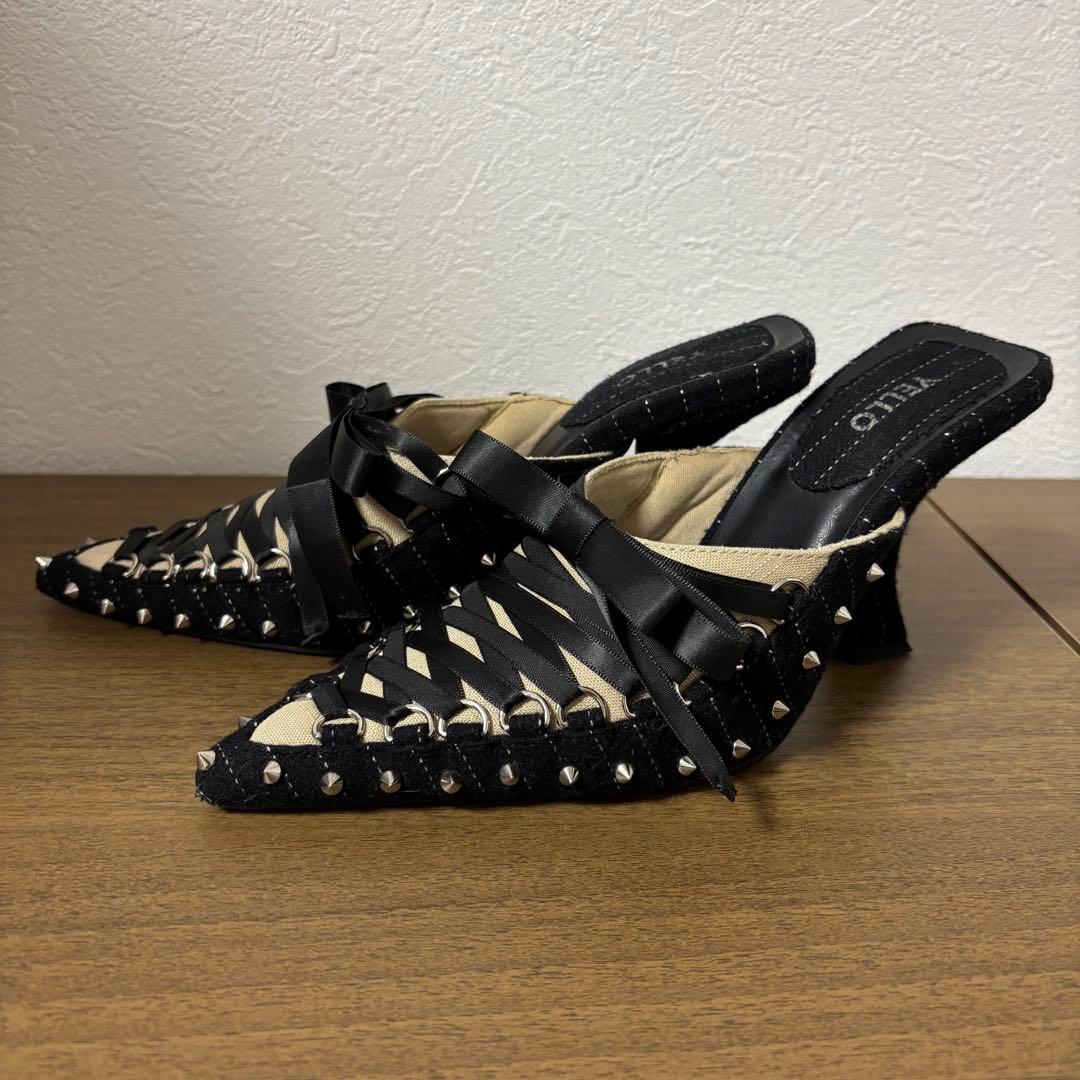 YELLO イエロ リボン ミュール サンダル ハイヒール スタッズ ブラック