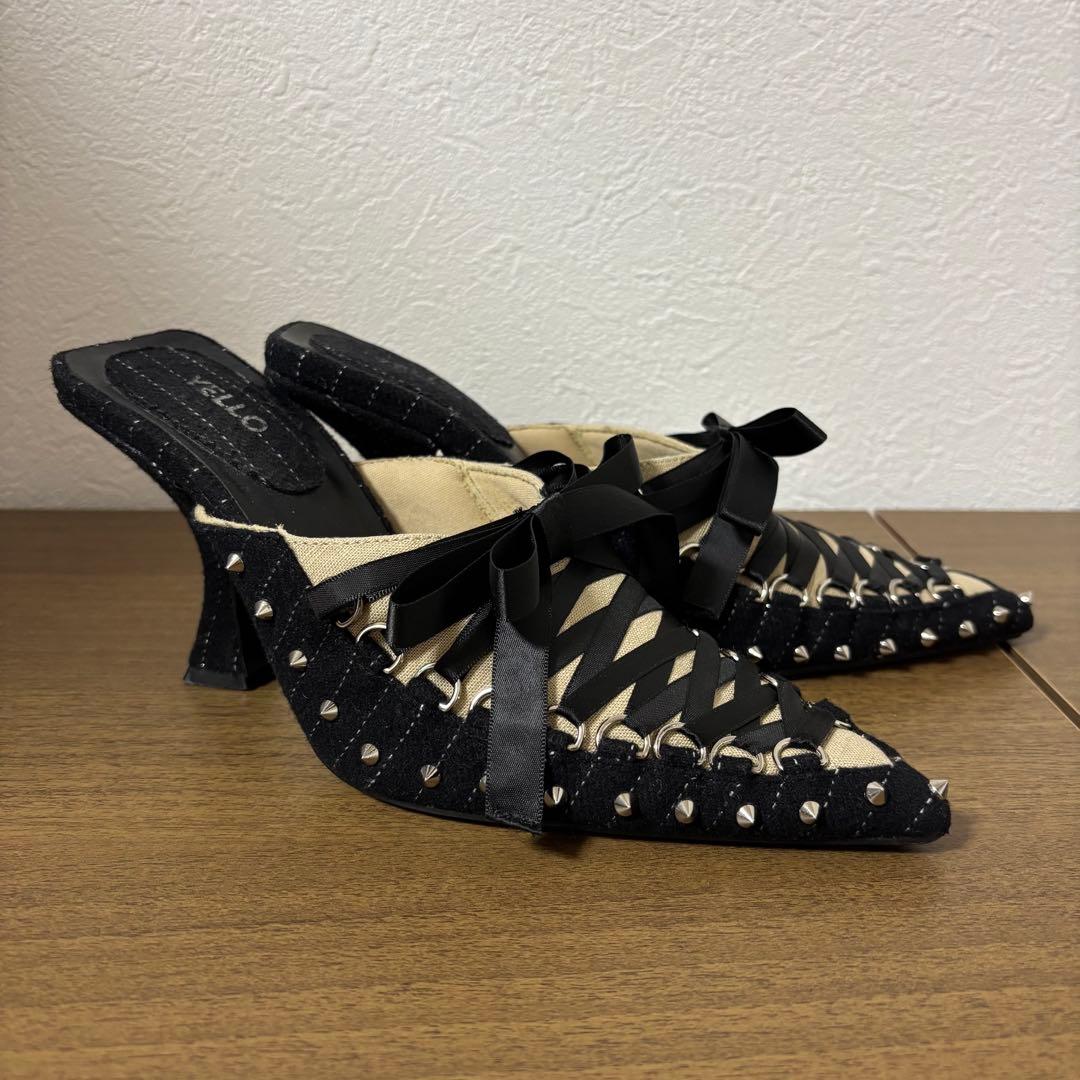 YELLO イエロ リボン ミュール サンダル ハイヒール スタッズ ブラック