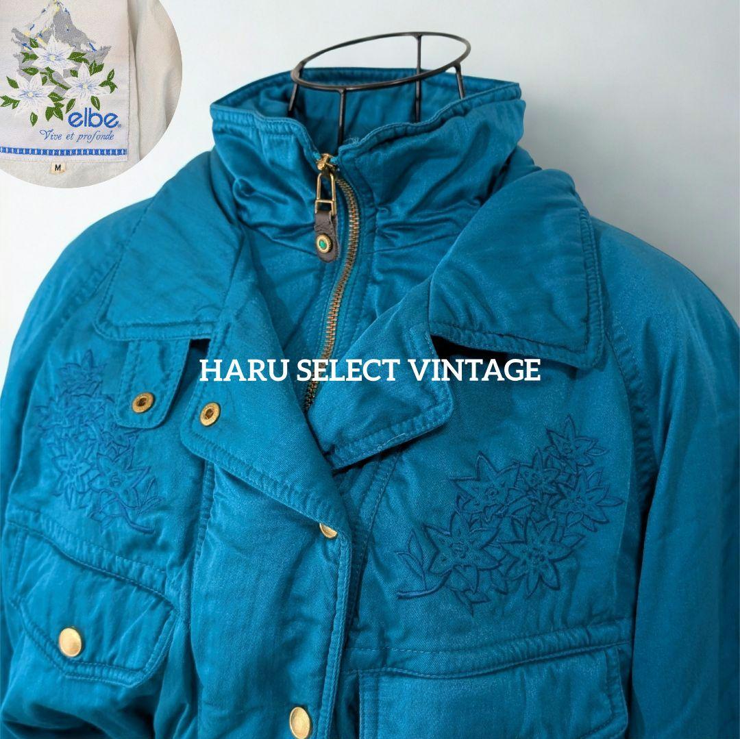 80s 古着 ブルゾン ダウン ジャケット 刺繍 vintage レトロ ブルー