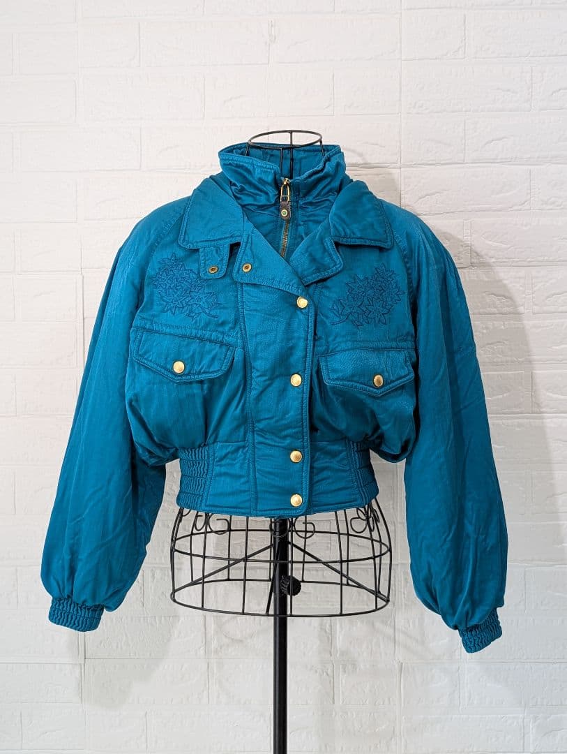 80s 古着 ブルゾン ダウン ジャケット 刺繍 vintage レトロ ブルー