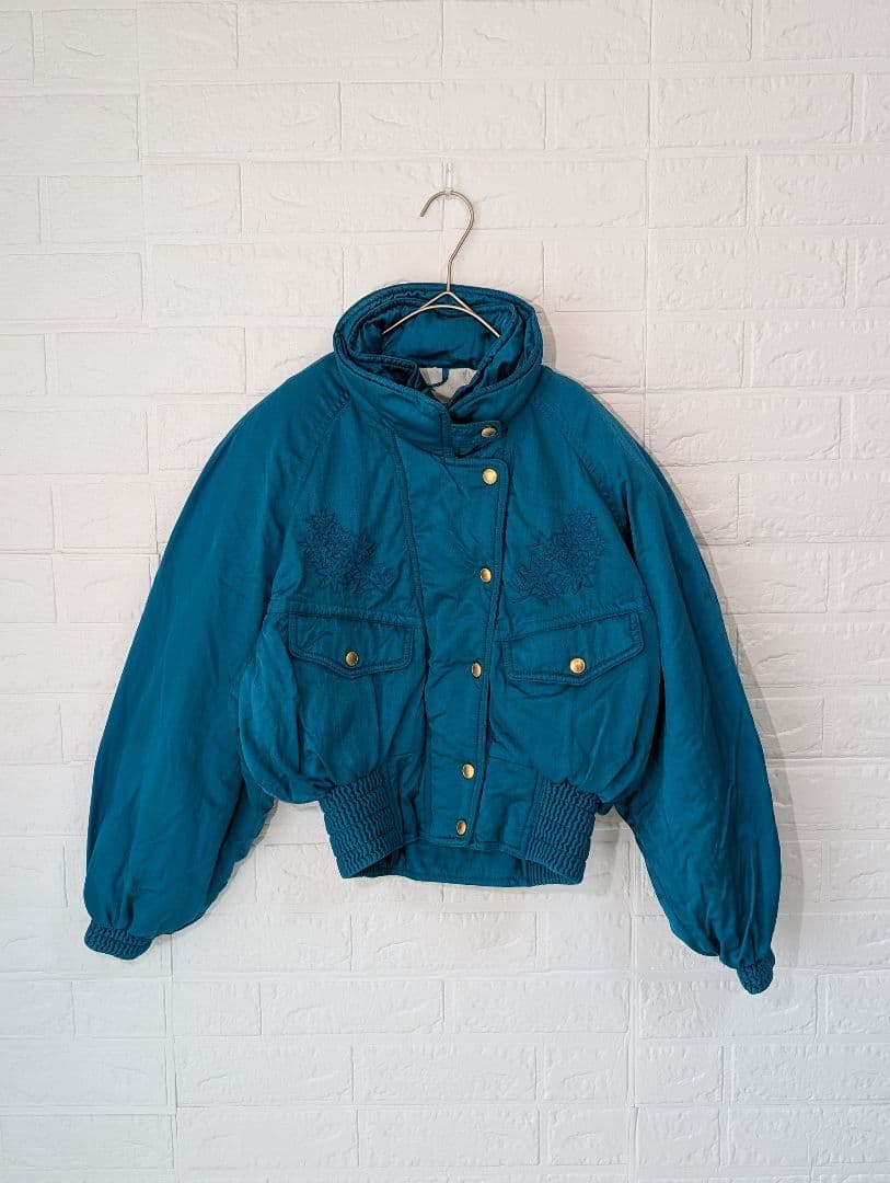 80s 古着 ブルゾン ダウン ジャケット 刺繍 vintage レトロ ブルー