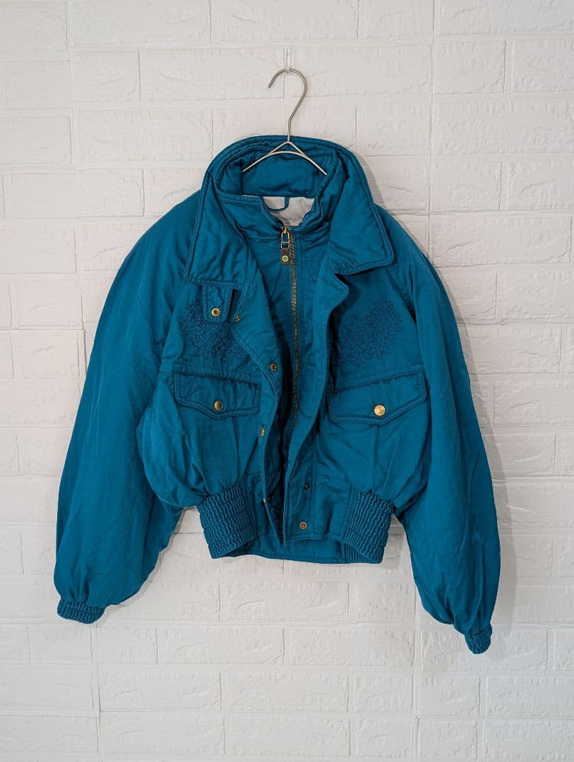 80s 古着 ブルゾン ダウン ジャケット 刺繍 vintage レトロ ブルー