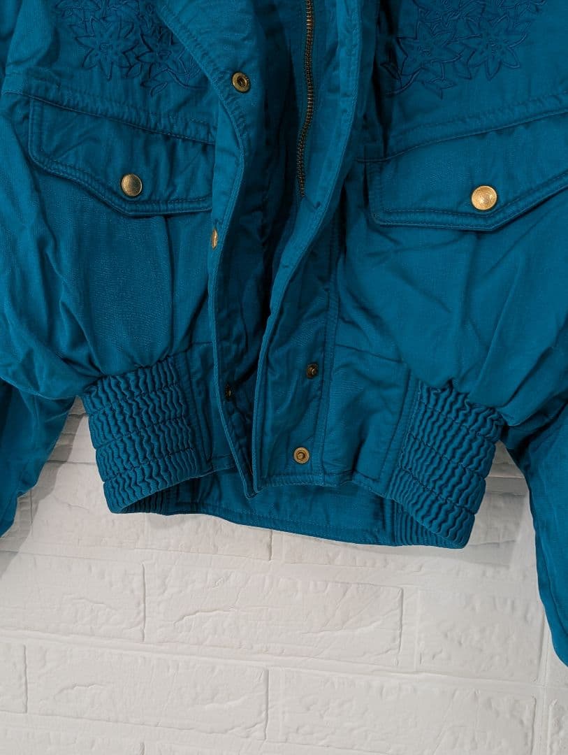 80s 古着 ブルゾン ダウン ジャケット 刺繍 vintage レトロ ブルー