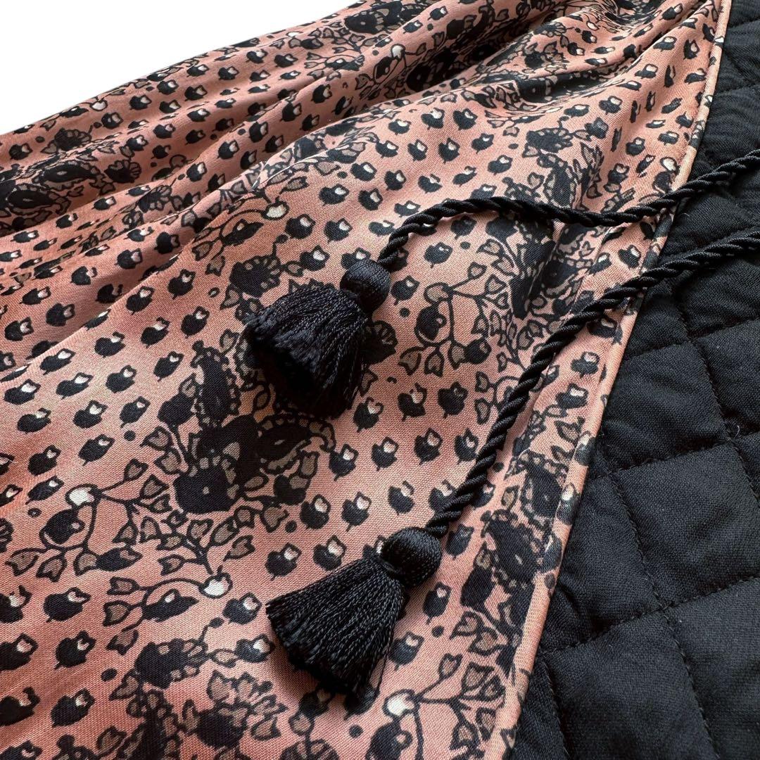 ヌキテパ キルティング切替 フラワー柄ロングワンピース タッセル付