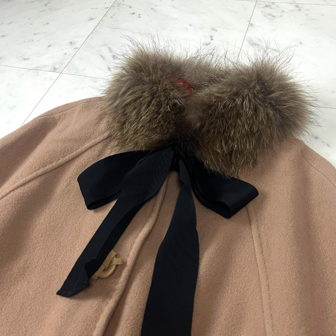 ランバンオンブルー ケープ ポンチョ M ファー 毛皮 リボン付き ベージュ