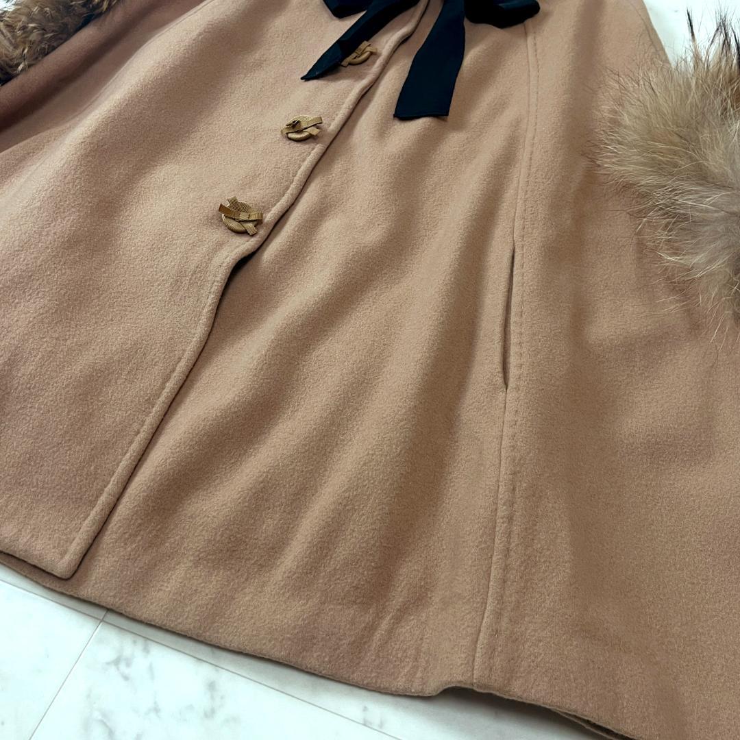 ランバンオンブルー ケープ ポンチョ M ファー 毛皮 リボン付き ベージュ