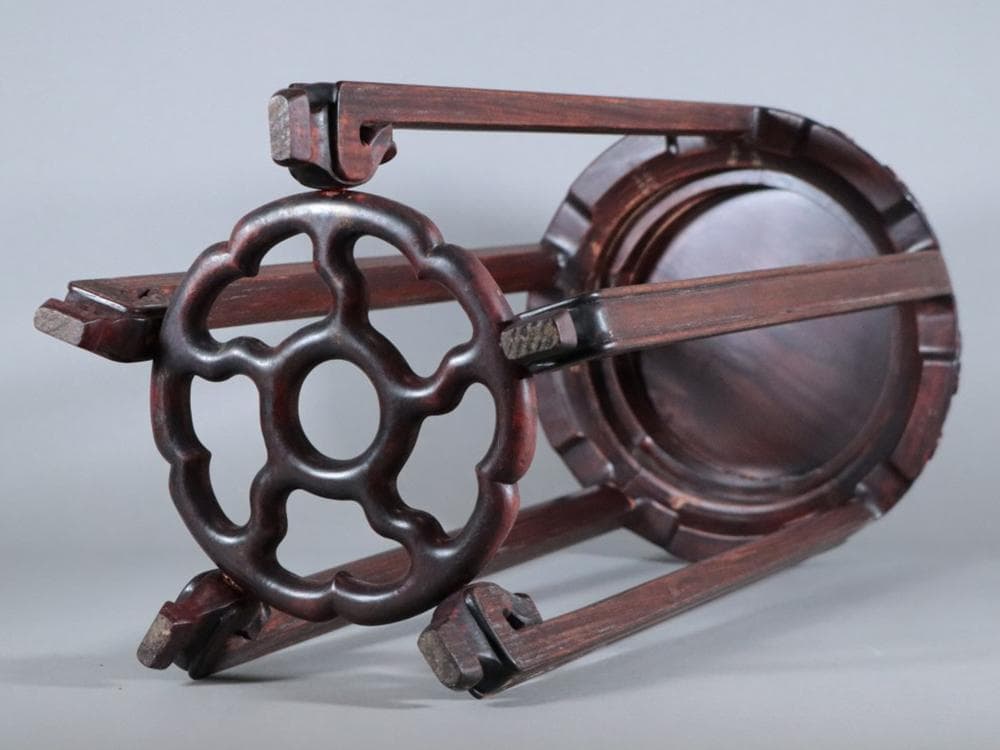 【木】　★ 家具 黄花梨減地彫如意雲圓幾 ★　清朝期　天然木 彫刻文様　明清家具