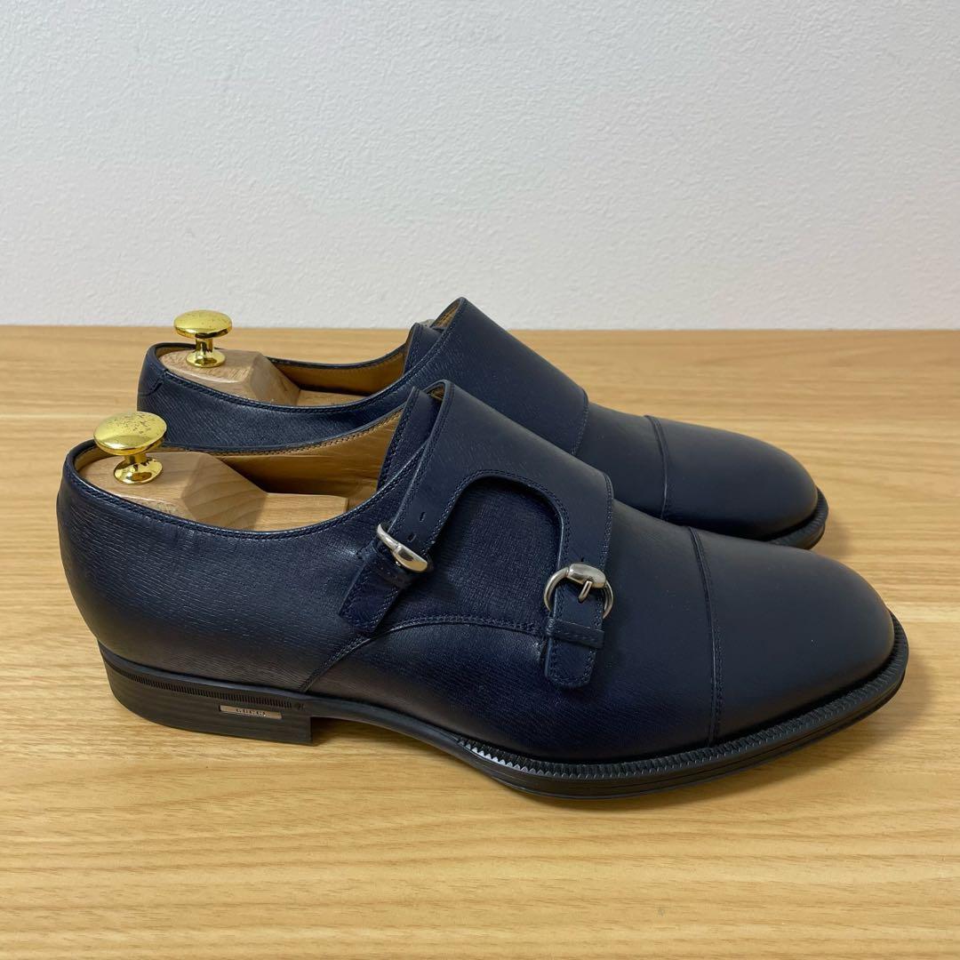 グッチ　ダブルモンクレザーシューズ　ネイビー 322478 9.5