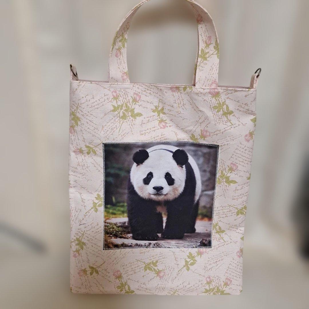 可愛いパンダパネル生地　ハンドメイド　まちなしバッグ　フラットポーチ