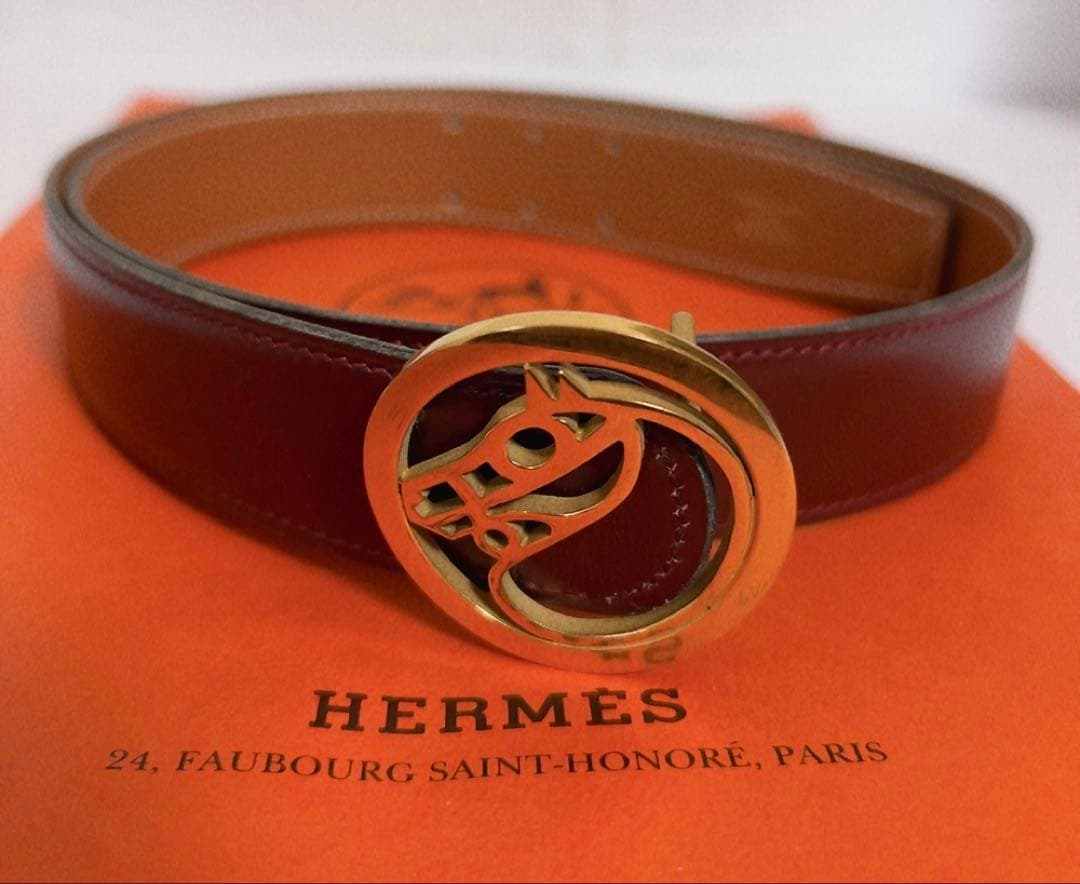エルメス　HERMES ベルト　ホースバックル　レッド　キャメル