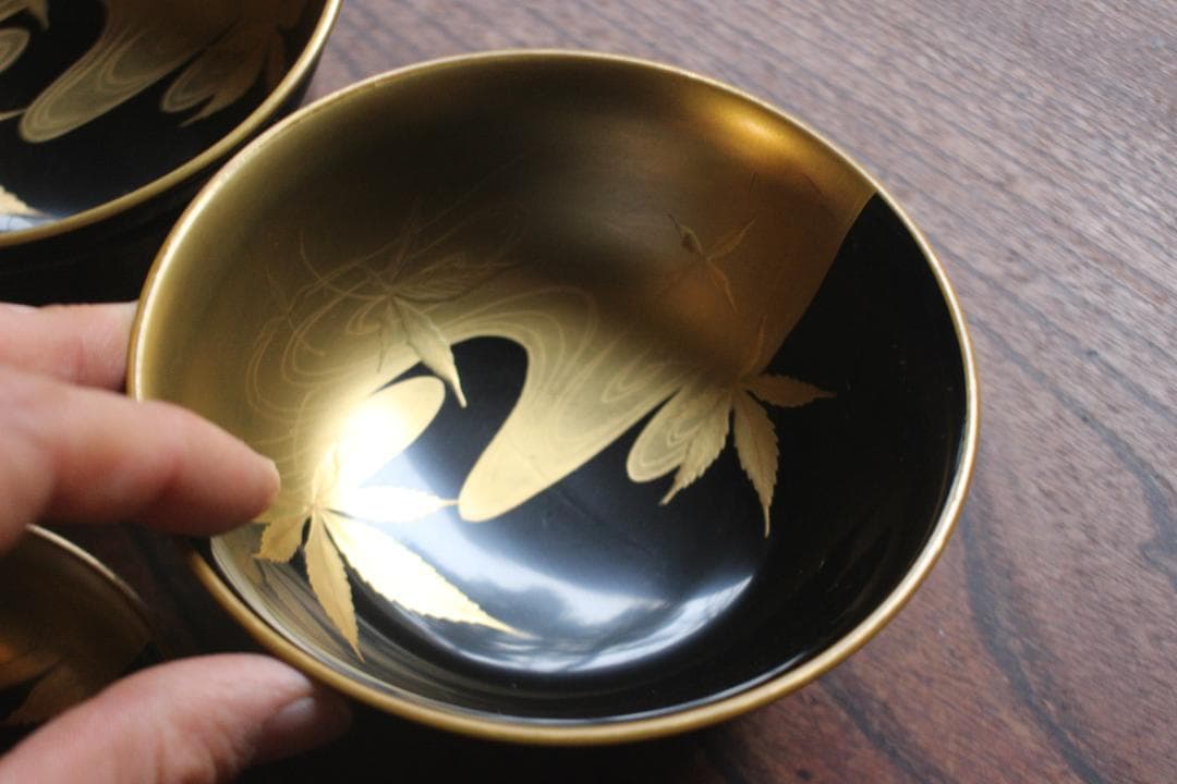 時代逸品！端正な金縁黒漆に極上竜田川蒔絵の映えるお椀2点（検京塗蒔絵椀