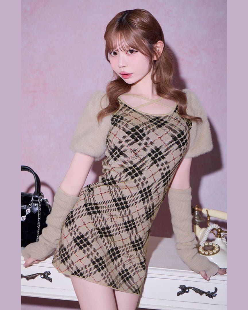 michell macaron ファースリーブチェックワンピース