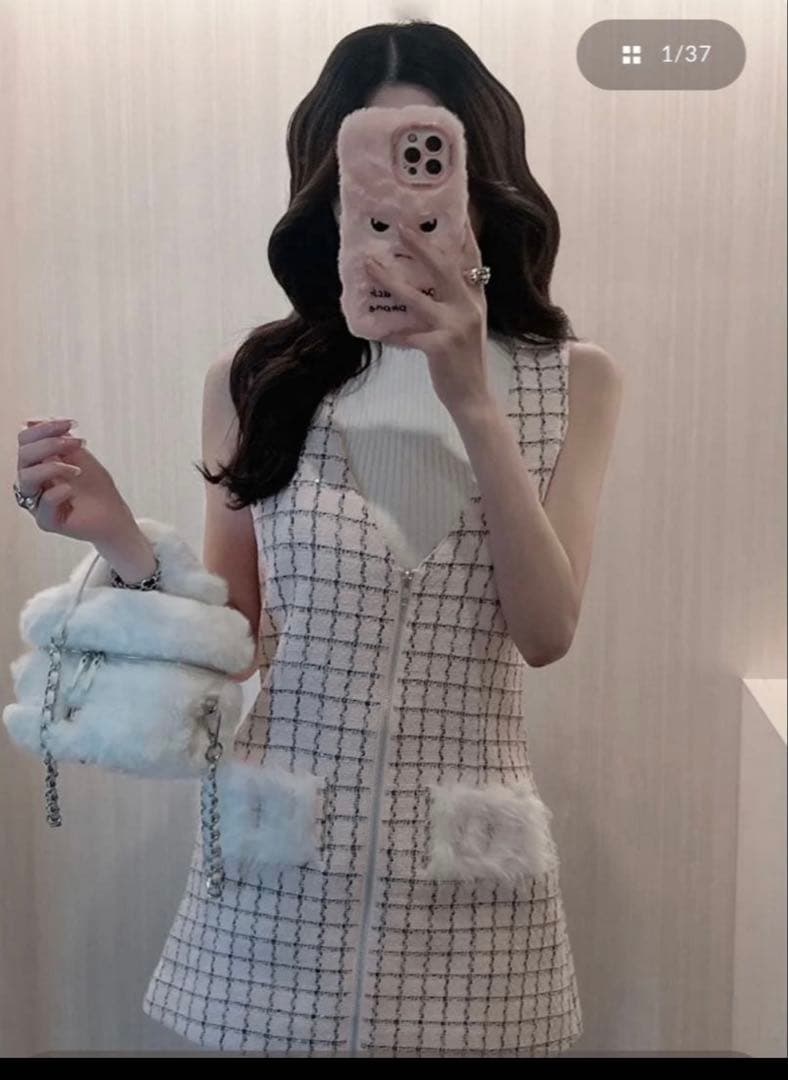 ダーリッチ フロントファスナーツイードミニワンピース ピンク　フリーsize