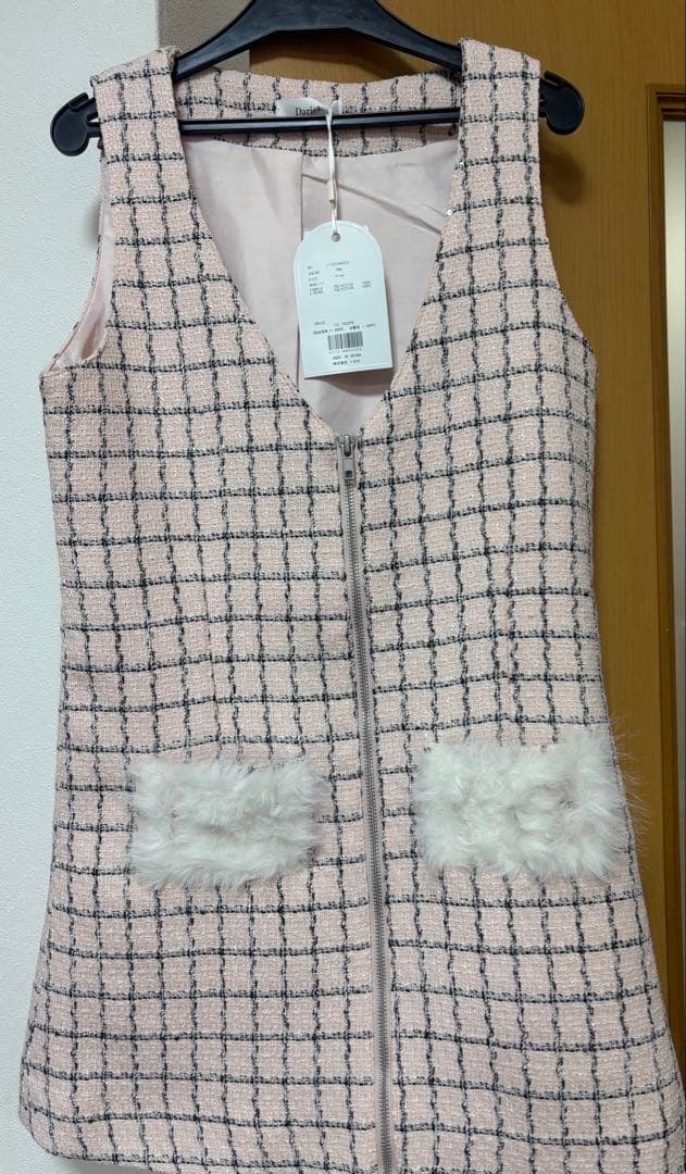 ダーリッチ フロントファスナーツイードミニワンピース ピンク　フリーsize