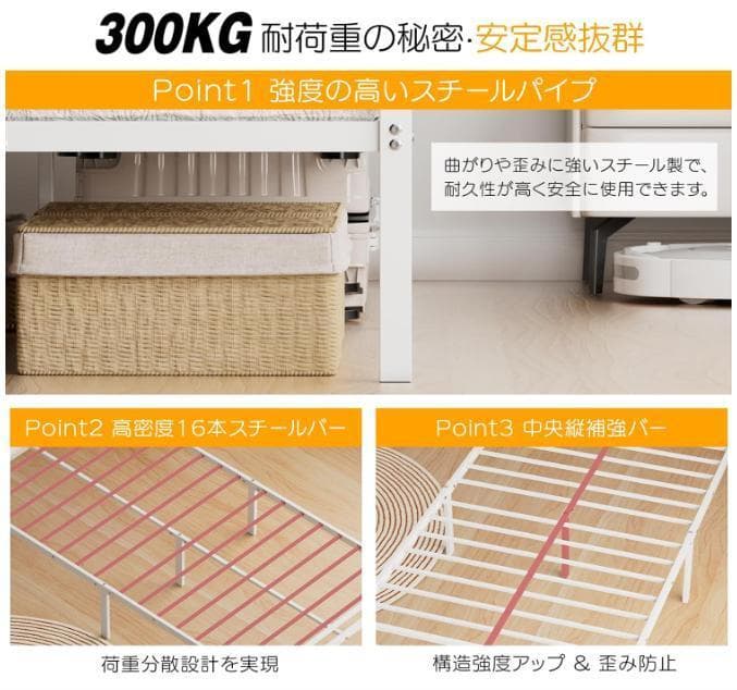 ベッドフレーム シングル ベッド 宮棚 2口コンセント パイプベッド　床下収納