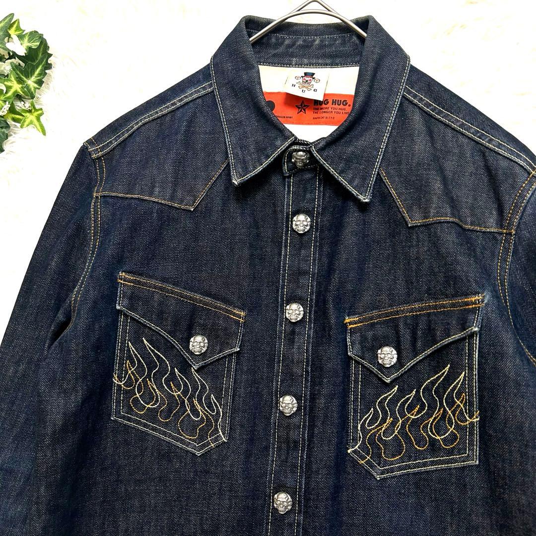 【希少】HUG クリームソーダ ピンクドラゴン スカルボタン デニムシャツ