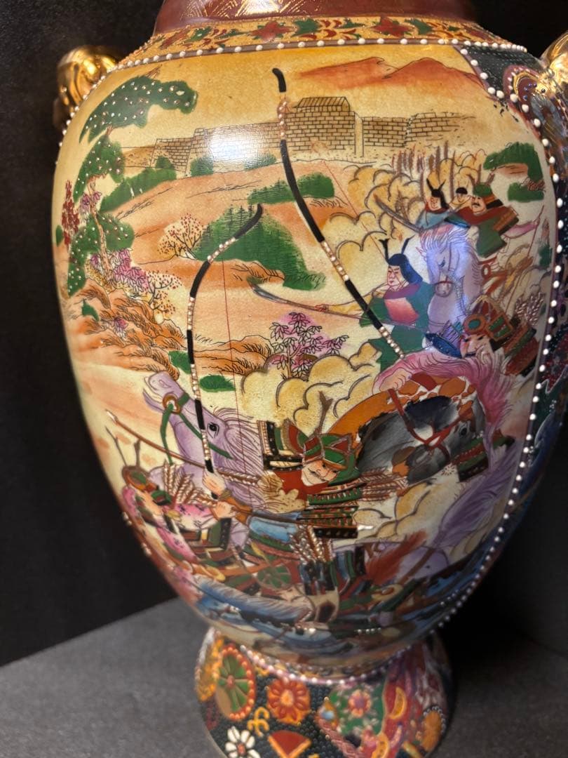 薩摩焼 大壺 着物美人画 騎馬武将 金彩色絵 青粒花瓶