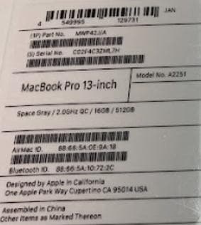 シュリンク付新品未開封Apple MacBook Pro 2020 A2251