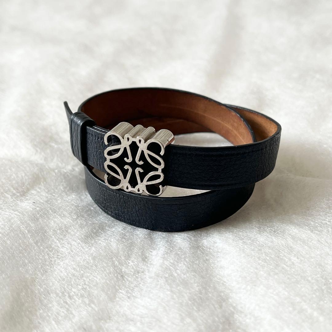 ロエベ　ダブル　ブレスレット　アナグラム　レザー　黒　ブラック　ダブルバングル