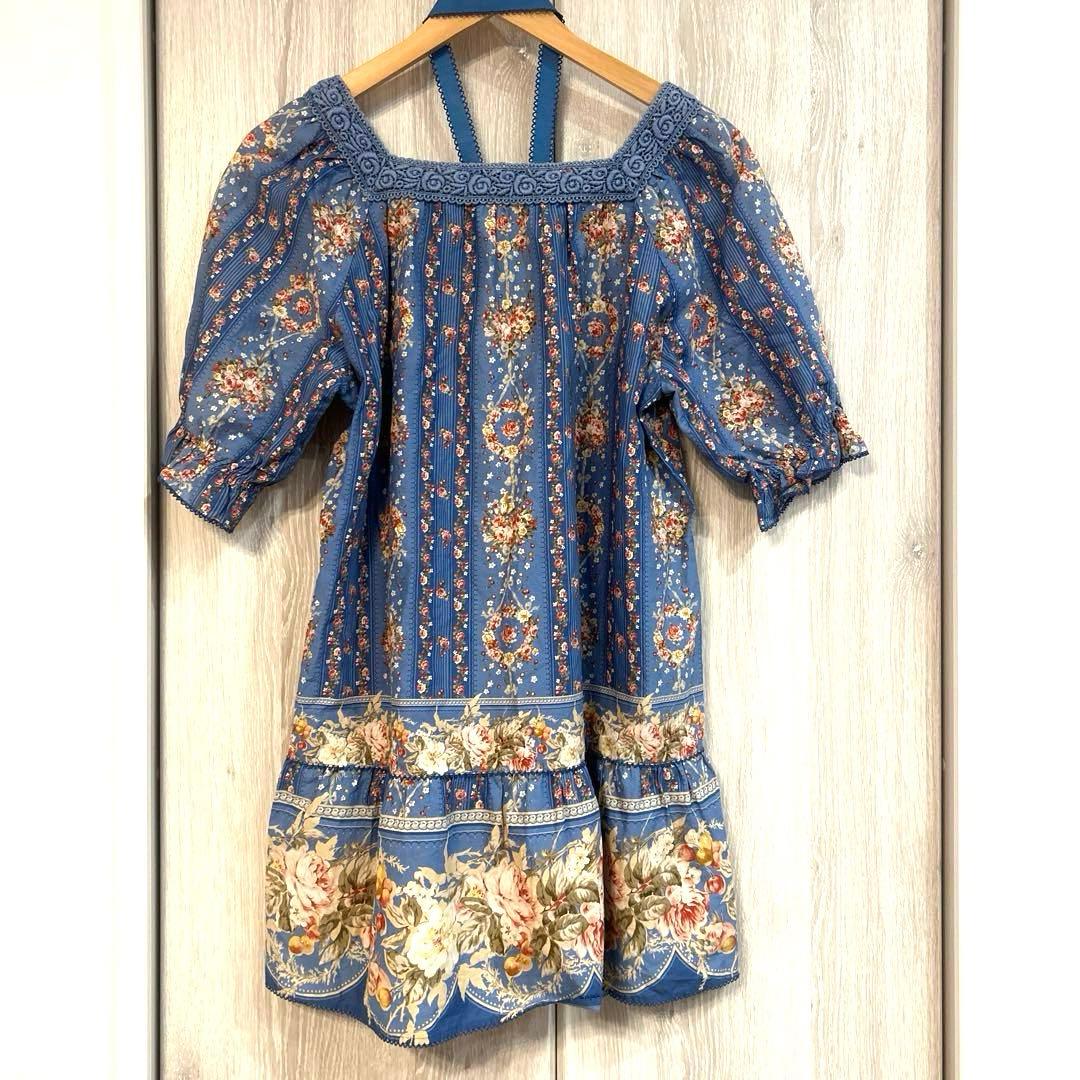 ピンクハウス チェリーローズ　ブラウス チュニック ブルー系 花柄