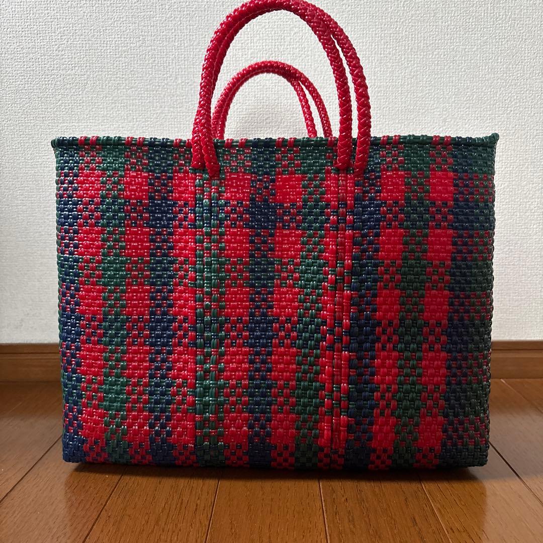 ファミリア　かごバッグ　メルカドバッグ　赤チェック