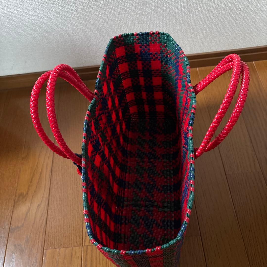 ファミリア　かごバッグ　メルカドバッグ　赤チェック