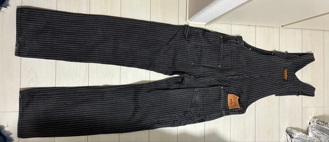 アイアンハート/819/オーバーオール/w32/コットン/ブラック/ストライプ