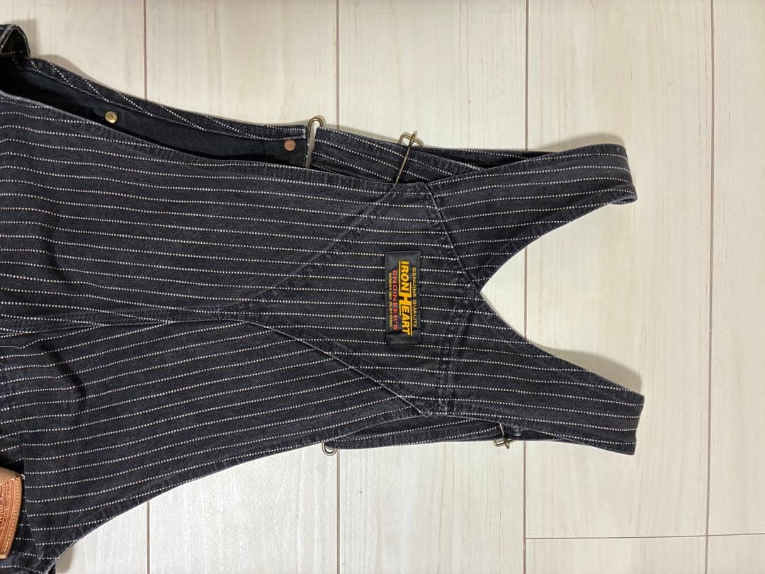 アイアンハート/819/オーバーオール/w32/コットン/ブラック/ストライプ