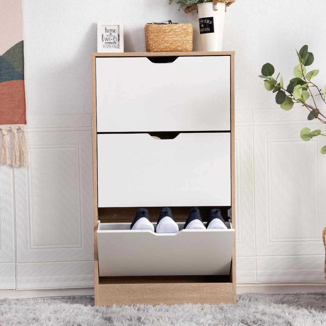 ナチュラル色 下駄箱 3段 シューズラック 玄関収納 引き出し ひとり暮らし