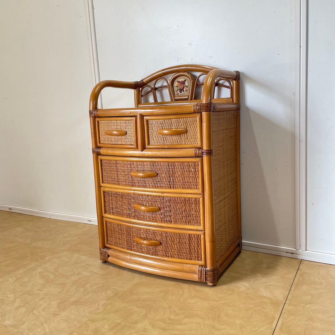 籐 ラタン 4段チェスト 引き出し 収納 タンス 箪笥 電話台 ビンテージ