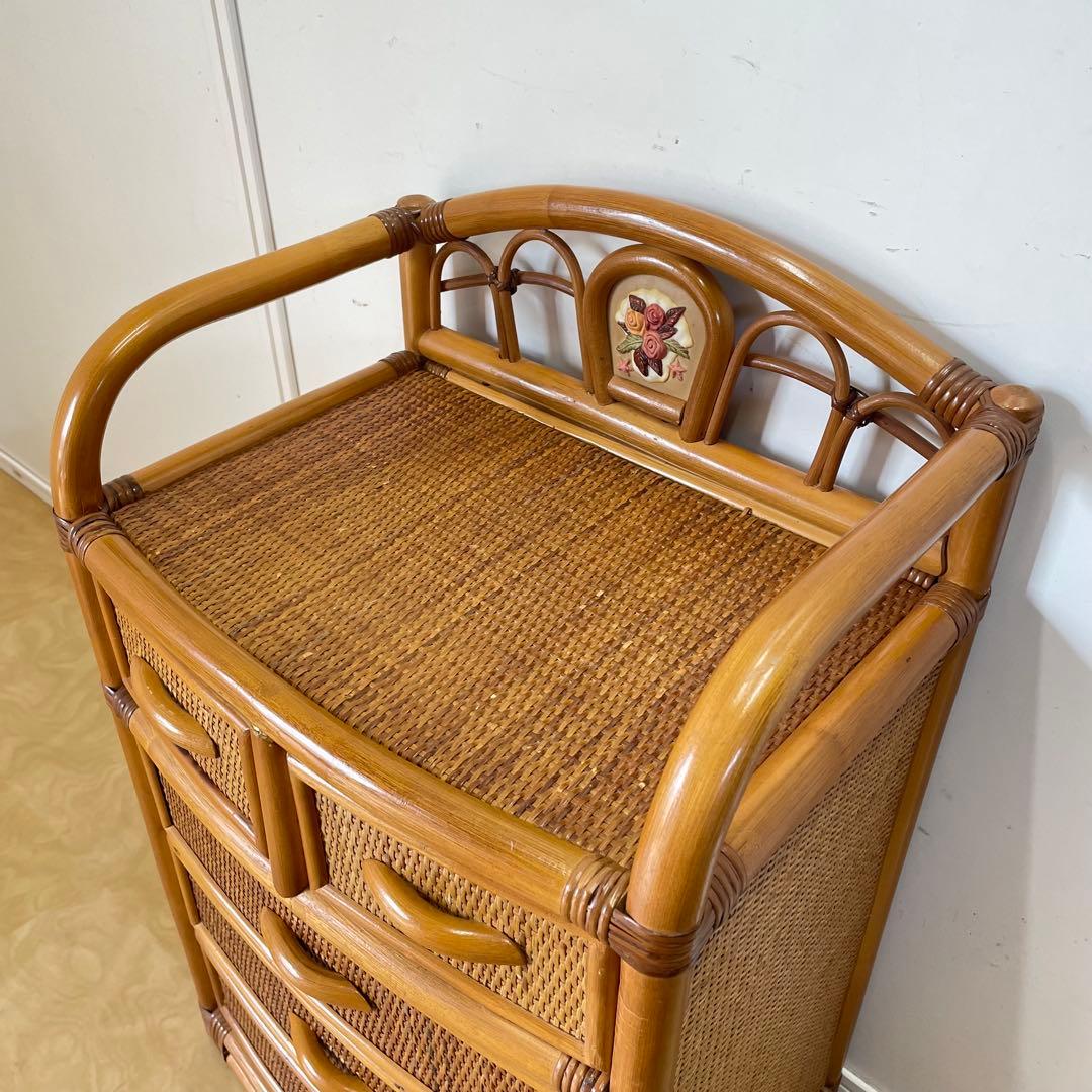 籐 ラタン 4段チェスト 引き出し 収納 タンス 箪笥 電話台 ビンテージ